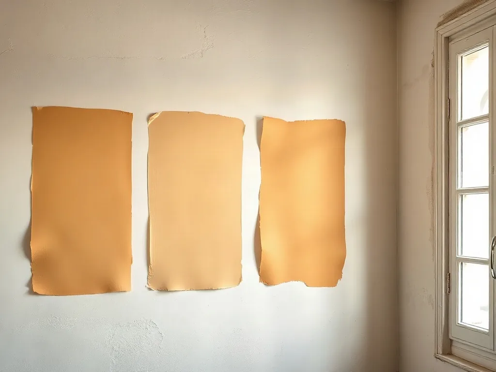 Tre campioni di colore stesi a mano su una parete grezza