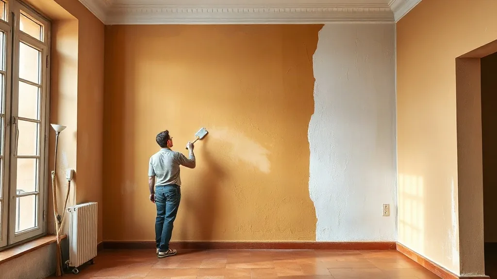 Decoratore al lavoro su una parete a meta, stesa in stucco color ocra