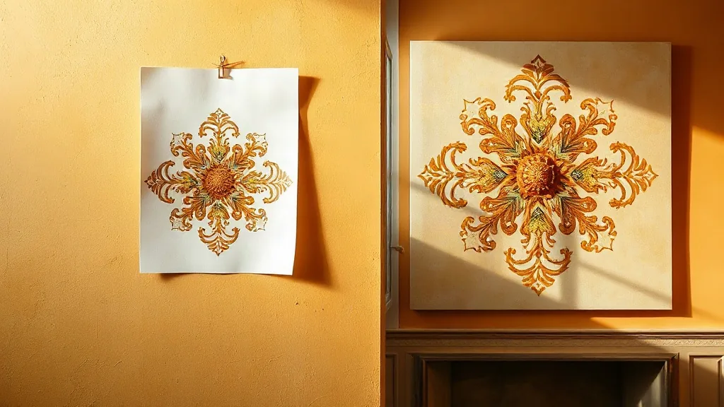 Il disegno su carta appeso accanto allo stesso motivo gia' dipinto sul muro