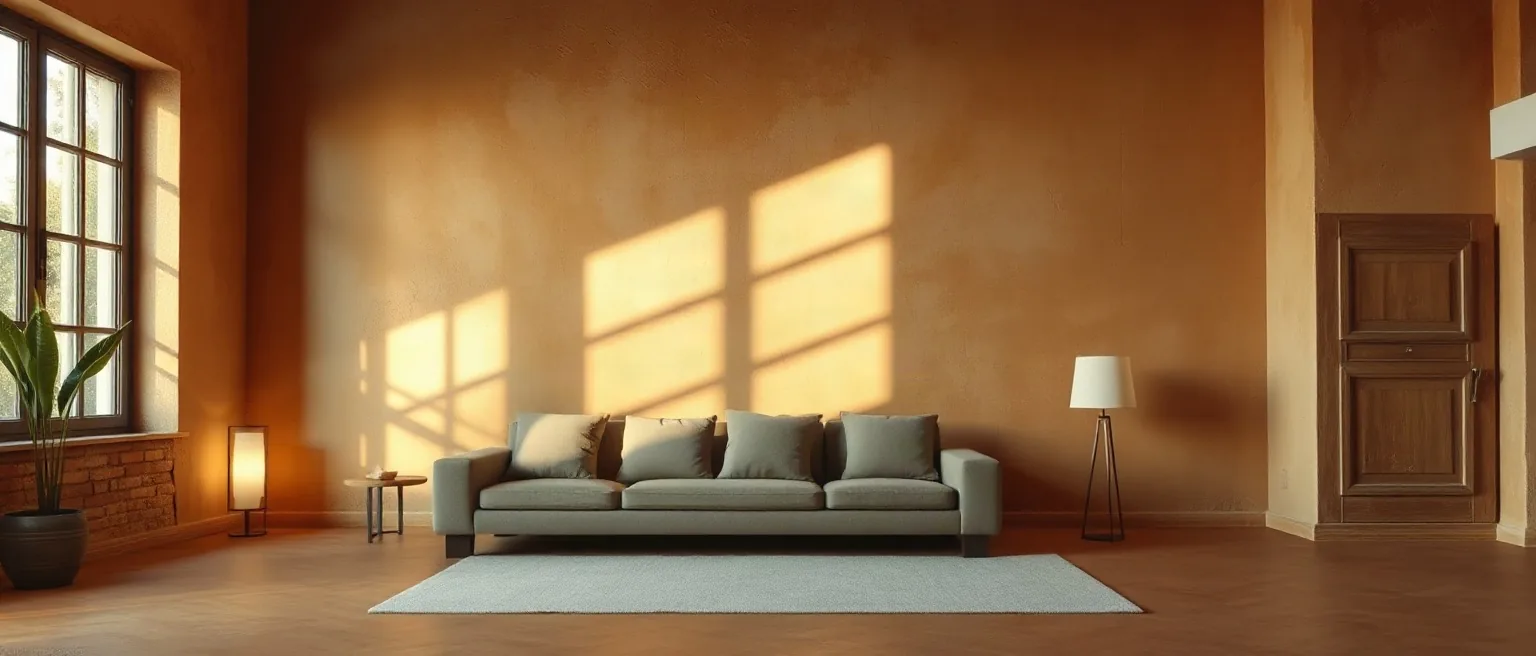 Soggiorno con una parete spatolata e la luce del pomeriggio di traverso